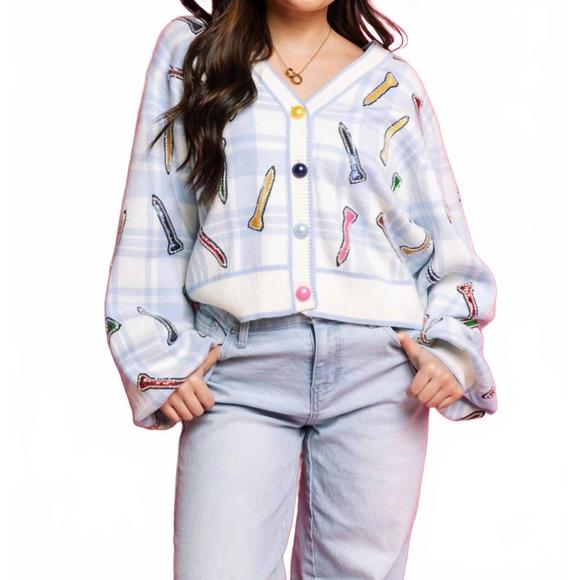 NEW QUEEN OF SPARKLES plaid golf tee button up cardigan in blue & white - Picture 1 of 7